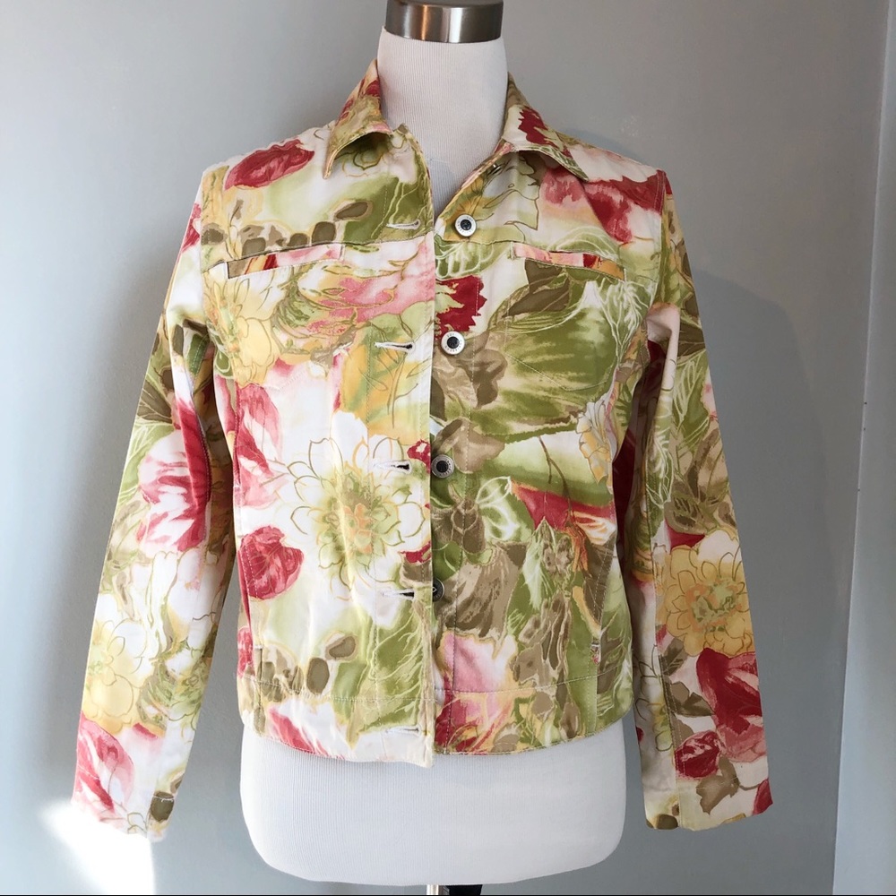 Caribbean Joe Floral Denim Jean Jacket, Size Small Petite